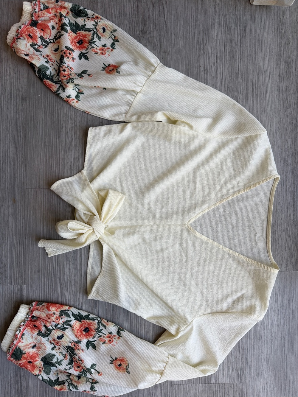 SHEIN Cream Tie-Front Top with Floral Accent